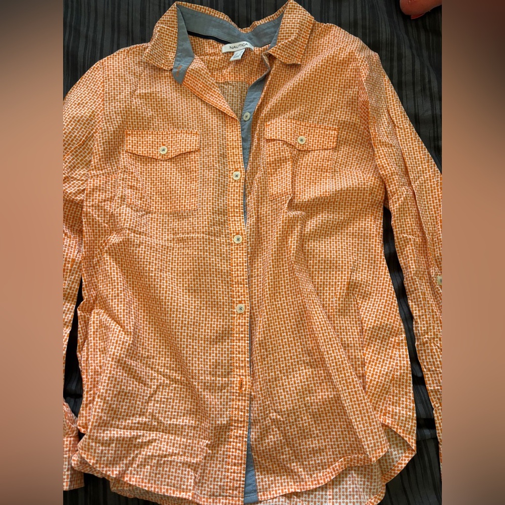 Nautica Womens Orange Checkered Shirt